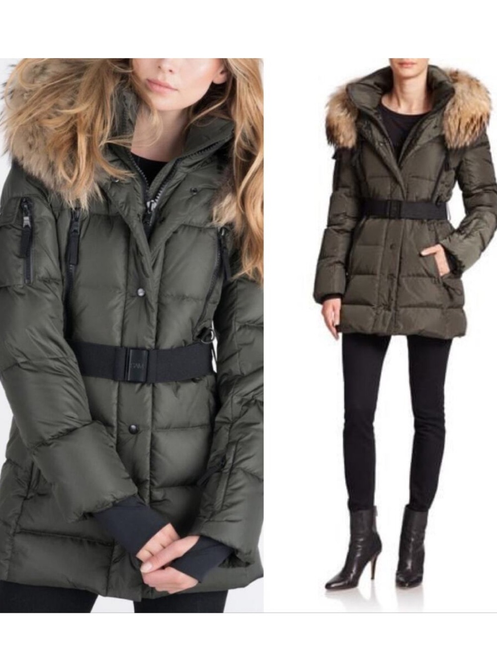 SAM. Millennium Matte Olive Green Down Coat Belted Real Fur Trim Hood Size XS